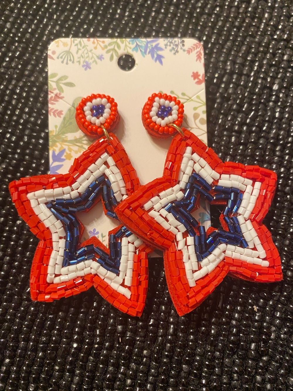 Beaded Red, White & Blue Star Earrings Felted Back Boutique Brand New